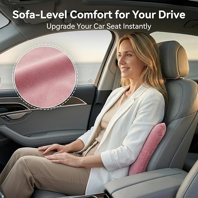 Sofa-Level Lumbar Support Pillow for Car Seat, Plush Velvet Back Cushion with 3-Zone Support, Soft & Supportive Lumbar Pillow for Driving, Office Chair, Home Decor (Pink)