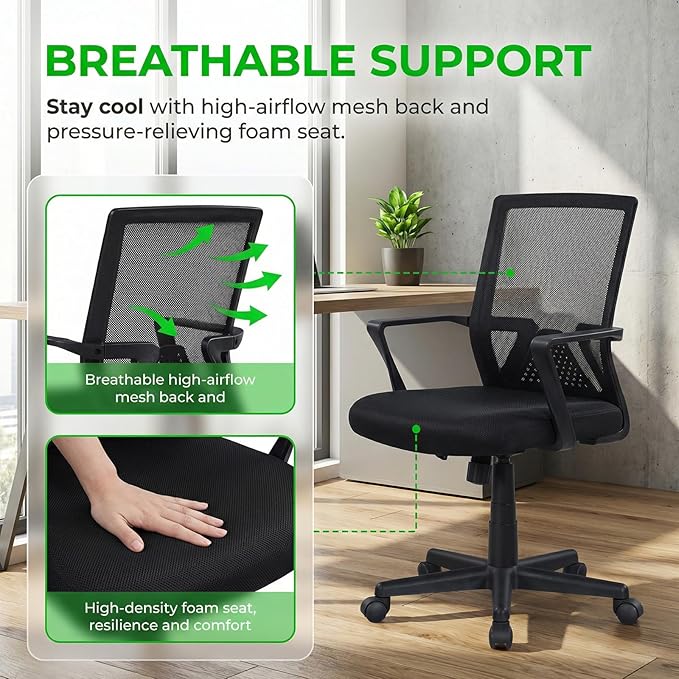Mesh Office Chair, Breathable Mid-Back Ergonomic Work Chair with Lumbar Support & High-Density Foam Seat, Black Mesh Chair for Home & Office