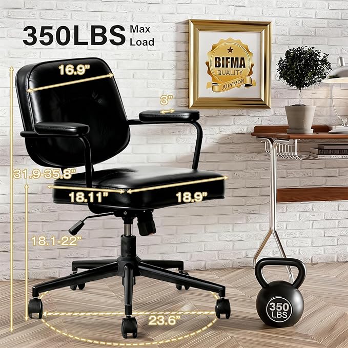 Office Desk Chair, Ergonomic Desk Chair with Padded Cushion & Backrest, Adjustable Height & 360° Swivel, Armrest Task Chair for Home Office, Computer Desk & Vanity, Black