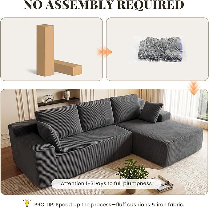 GRUSIGN Cloud Sectional Boneless Couches for Living Room, Modular L Shaped Couch with Deep Seat Oversized Right Facing Chaise, Memory Foam Compressed Spineless 3 Seater Sofa, Grey | No Assembly Required, Deep Seat, Cat-Claw Resistant, High-Resilience F...
