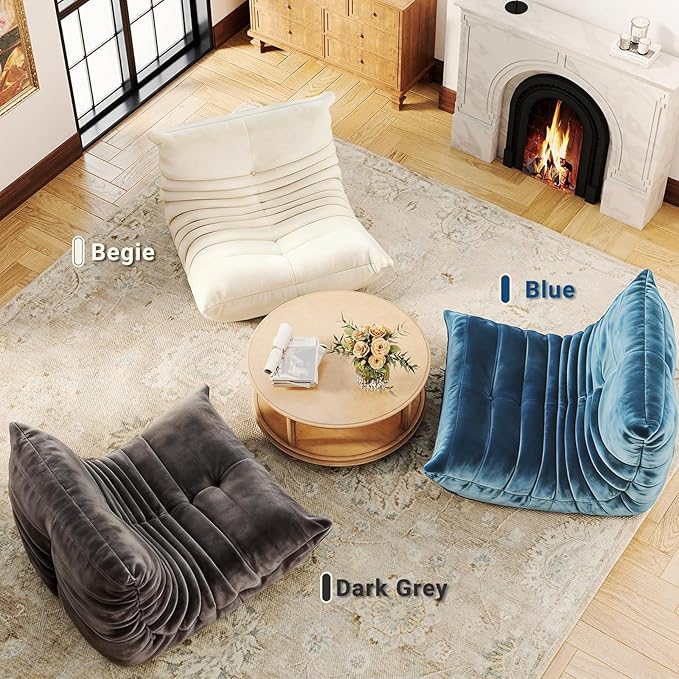 Trenda Bean Bag Chairs for Adults - Comfy Foam Bedroom Floor Sofa, Adult Size with Soft Velvet Boneless Beanbag Couch, Versatile for Living Room, Dorm, College,Reading & Gaming (White)