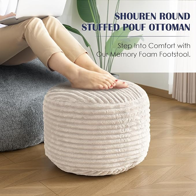 SHOUREN Stuffed Round Ottoman,Corduroy Pouf Ottoman Foot Rest with Foam Filling,Pouf Storage Ottoman Footstool for Living Room,20 X 15 Floor Poufs for Couch - 20 X 15 Inches,Beige