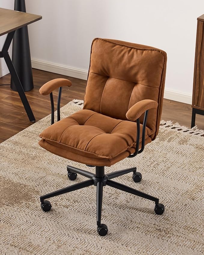 Karl home Faux Leather Office Chair with Removable Armrests, Adjustable Height & 360° Swivel, Tufted Thick Cushion Computer Desk Chair with Lumbar Support for Living Room, Vanity, Brown