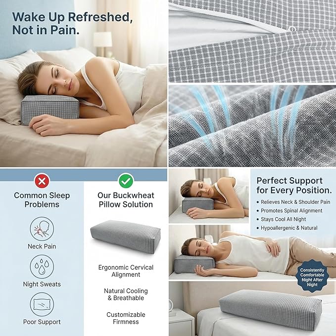 Adjustable Buckwheat Hull Pillow for Neck Pain Relief (21x8x4) Natural Cooling Cervical Support Camping Pillow for Side & Back Sleepers with Night Sweats (xiaoge Grey)
