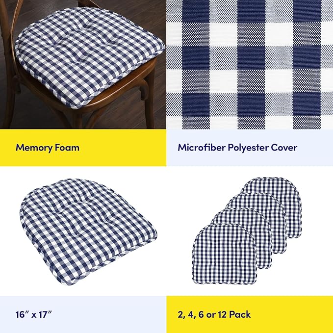 Sweet Home Collection Chair Cushion Memory Foam Pads Tufted Slip Non Skid Rubber Back U-Shaped 17" x 16" Seat Cover, 6 Pack, Checkered Navy/White