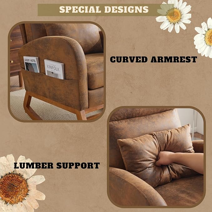 VINGLI Rustic Microfiber Nursing Rocking Chair with Thick Headrest, Upholstered Mid-century Modern Nursery Rocker Glider with Curved Armrest, Sturdy Solid Wood Base for Living Room, Bedroom, Baby Room
