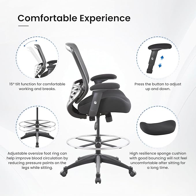 BOLISS 400lbs Mid Back Mesh Ergonomic Drafting Chair for Standing Desk Office Wide Chair Built-in Lumbar Support Big Adjustable Foot Ring Height Adjustable Armrest (Black)
