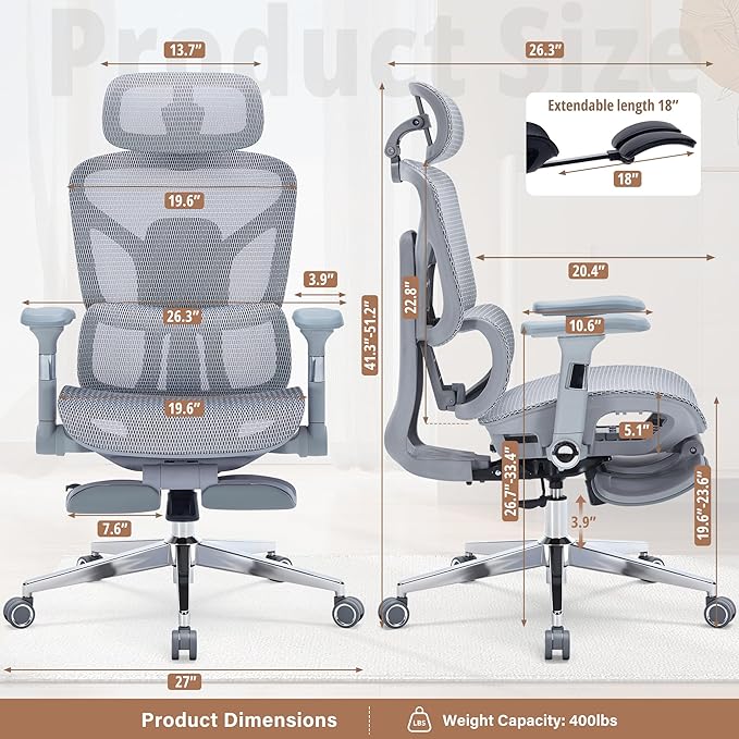 Ergonomic Office Chair with Footrest - 400lbs Heavy Duty Mesh Desk Chair, 5D Armrests, 3D Lumbar, 5 Level Backrest, Adjustable Headrest, Reclining High Back Swivel Chairs for Home Office