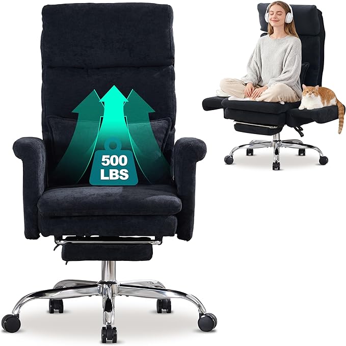 Okeysen Big and Tall Office Chair with Flip Armrests, Cross Legged Chair with Foot Rest, Wide Seat Reclining Desk Chair with Lumbar Pillow, Executive Ergonomic Computer Game Chair, 500LBS