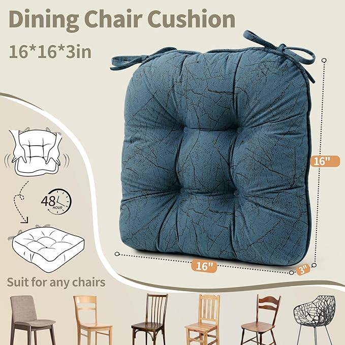 Marble Pattern 3" Chair Cushion for Dining Chair, Filling Bite-Size Memory Foam U-Shaped Seat Cushions for Kitchen Chairs, Non-Slip Indoor Chair Pad with Ties, Set of 4, Blue