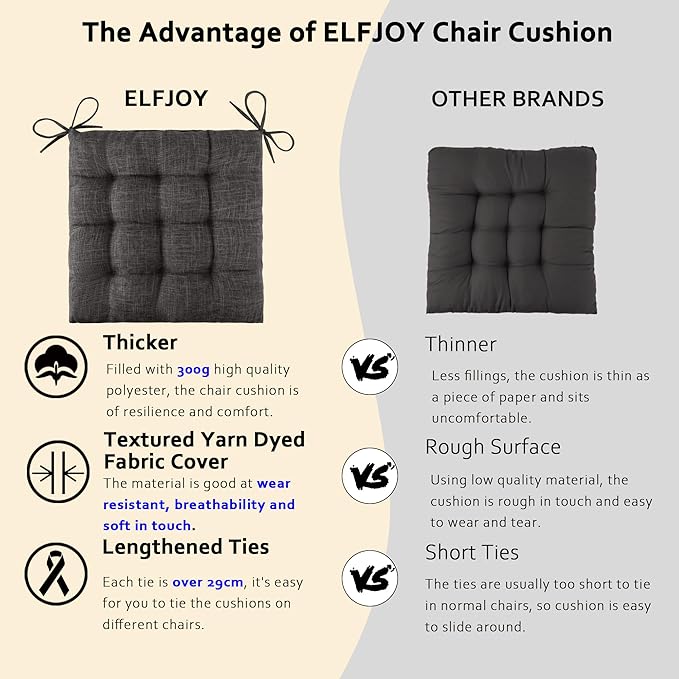 ELFJOY 4 Pack Chair Cushions for Dining Chairs Chair Pads Cushion for Kitchen Office Tufted Textured Square Seat Cushion with Ties (16" Dark Grey)