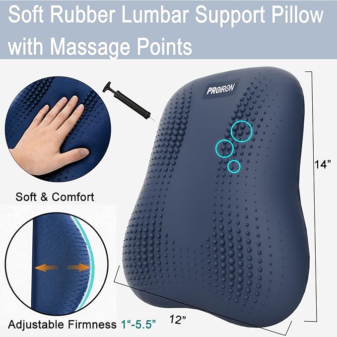 Lumbar Support Pillow, Inflatable Rubber Lumbar Pillow for Lower Back Pain Relief - Car Back Cushion for Driving Seat, Office Chair, Back Support Stretcher, Waterproof, Adjustable Thick, 12''Lx 14''H