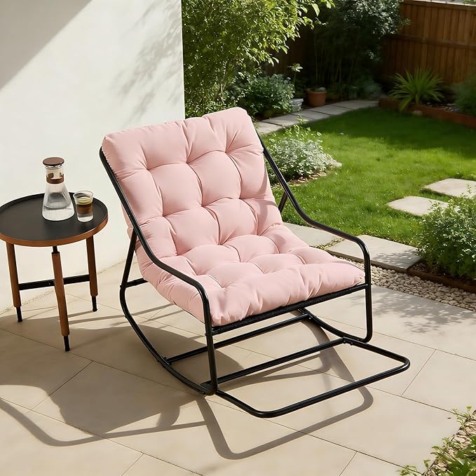Pink Rocking Chair with Foot Rest, Outdoor Indoor Rocking Lounge Chair with Cushion, Comfortable Patio Rocker Chairs for Patio, Porch, Garden, Living Room, Reading, Metal Frame