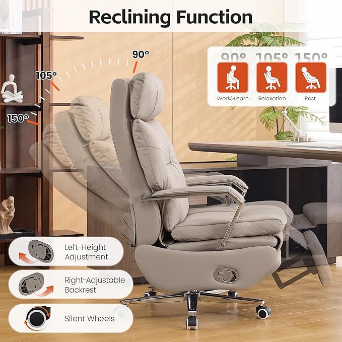 Big and Tall Executive Office Chairs with Footrest, Ergonomic 360° Swivel Desk Chair High Back Recliner, Manual 150° Reclining Computer Gaming Chair with Wheels for Home Office Faux Leather, Khaki