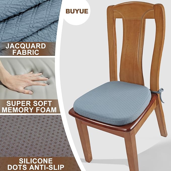 BUYUE Luxury 100% Pure Memory Foam Chair Cushions 4 Pack, Jacquard 16" U-Shape Comfortable Dining Chair Pads, Removable Slip Resistant Kitchen Chair Seat Cushions, (Set of 4, Sky Blue)