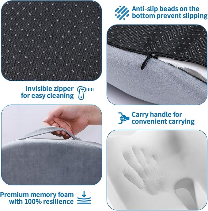 Car Seat Cushion, Memory Foam Cushion for Wheelchair, Cars, Desk, Gaming & Office Chairs, Ergonomic Pad for Tailbone Pain Relief Sciatica & Back Support, Non Slip, Grey
