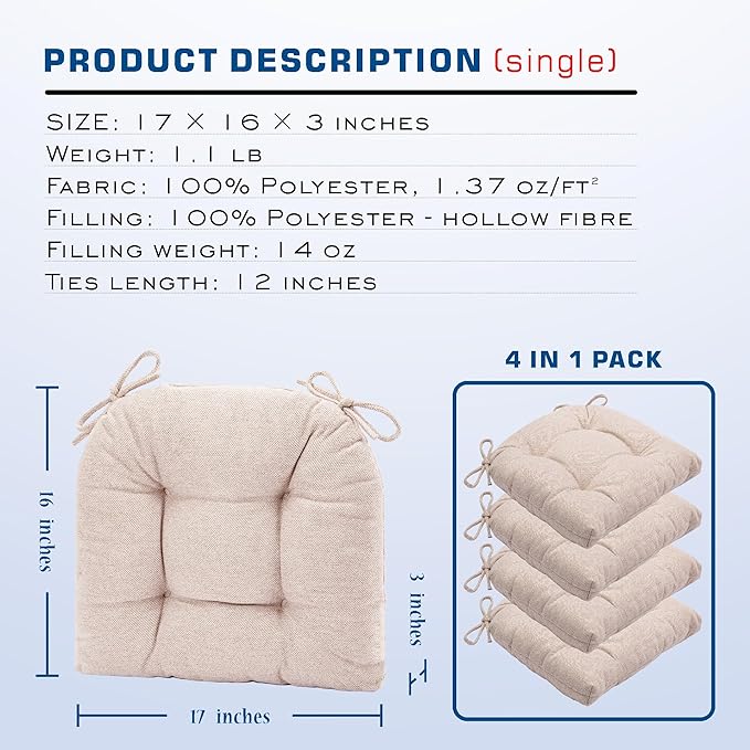 SQUARE MOON D-Shaped 3" Thick Chair Cushions, Chair Pads for Dining Chairs and Kitchen Chairs, Indoor Dining Room Seat Cushions with Ties, Machine Washable, 17" x 16" x 3", 4/Pack, Beige