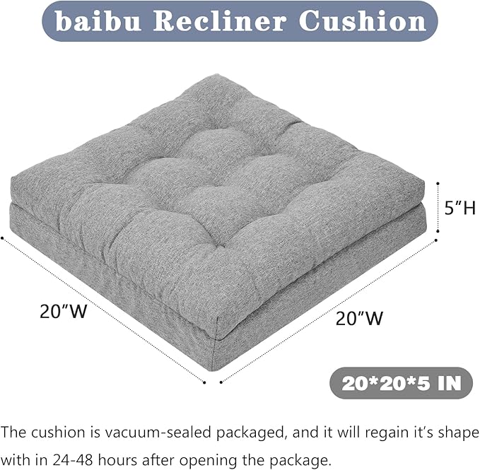 baibu Extra Large Memory Foam Recliner Cushions for Elderly, 20x20x5 Inch Thick Dual-Layer Patent Design Non-Slip Recliner Seat Cushion for Couch for Easy to Stand Up & Reduce Hip & Lumbar Pain, Grey