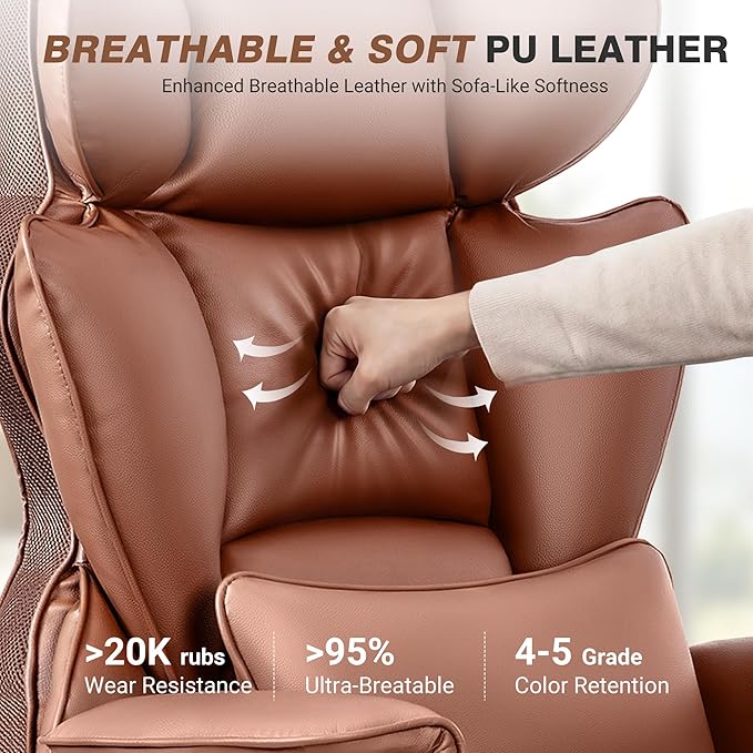 ALLGOD Office Chair Comfy, Big and Tall Executive Leather Chair, High Back Ergonomic Wide Chair with Footrest, Reclining Computer Desk Chair, Heavy Duty Gaming Chair with Padded Arm and Pillow, Brown