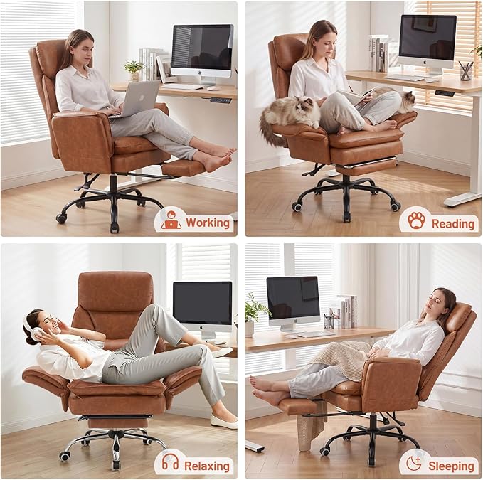 Furniliving Big and Tall Office Chair, Ergonomic Computer Desk Chair with Footrest, Wide Seat Reclining Gaming Chair, Flip Armrests for Cross Legged Sitting, Heavy Duty Support up to 400LBS, PU, Brown