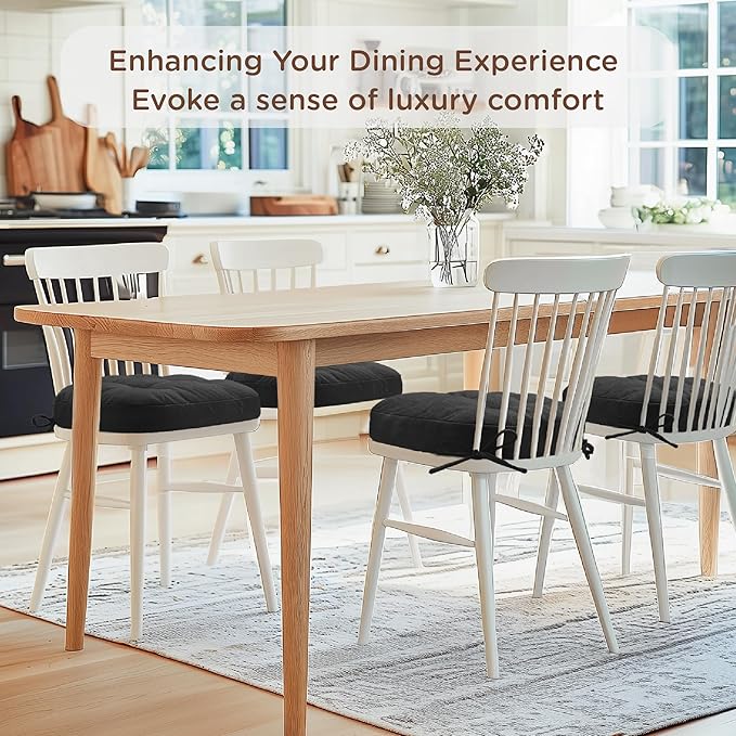 Codi 6 Pack Dining Chair Cushions, Thick Chairs Pads for Indoor Kitchen Room - Washable, Non-Slip Memory Foam Seat Cushion with Ties, 16.5"x16.5"x 3.5", Set of 6, Black New