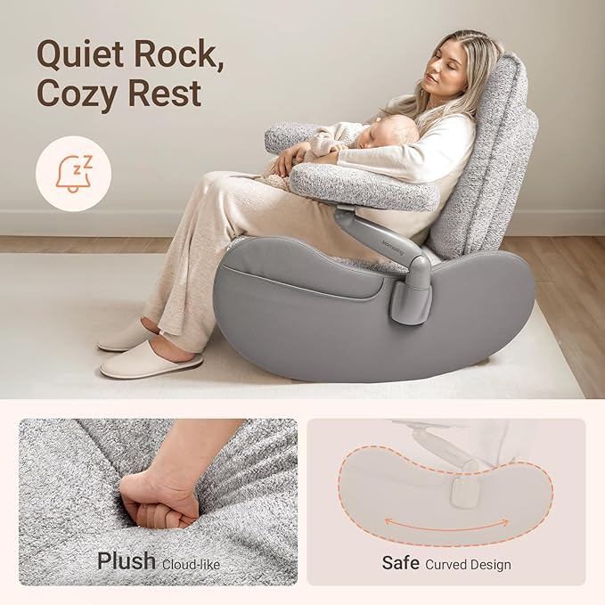 MAMAZING Lullabud Nursery Rocking Chair Glider with Adjustable Armrests for Breastfeeding, Upholstered Nursing Chair with Removable Cover (Grey/Grey)
