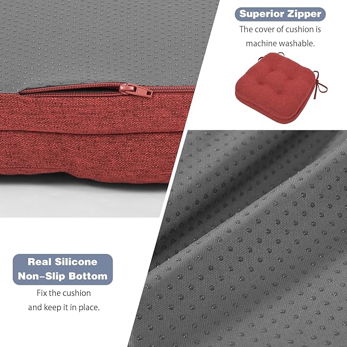 baibu Set of 2 Dining Chair Cushions, Dual-Layer Patent Design Memory Foam Kitchen Chair Cushions, Non-Slip Seat Pads with Ties, 16.5 x 16.5 x 3.5in, 2 Pack, Red
