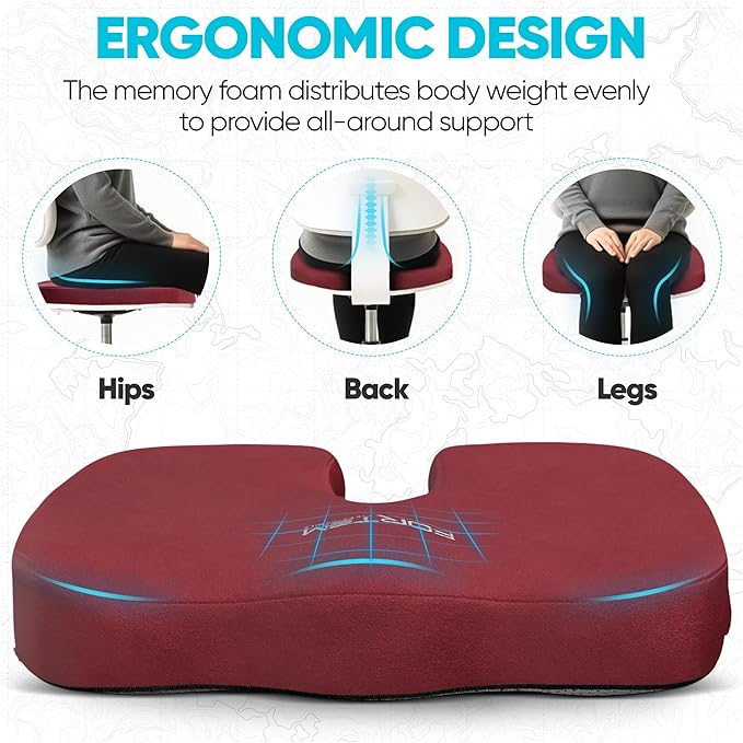 FORTEM Seat Cushion, Office Chair Cushion, Memory Foam Car Seat Cushions, Sciatica Coccyx Tailbone Pain Relief, Chair Cushions for Back Support, Sitting Pad for Gaming, Washable Cover, Non Slip, XL