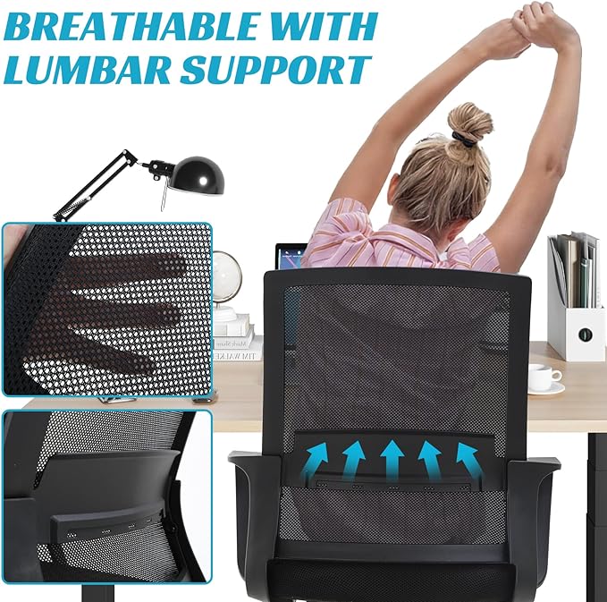 Ergonomic Office Chair, Breathable Mesh Desk Chair, Swivel Computer Chair with Wheels & Adjustable Height & Comfort Seat for Home Office, Gaming Room, Black