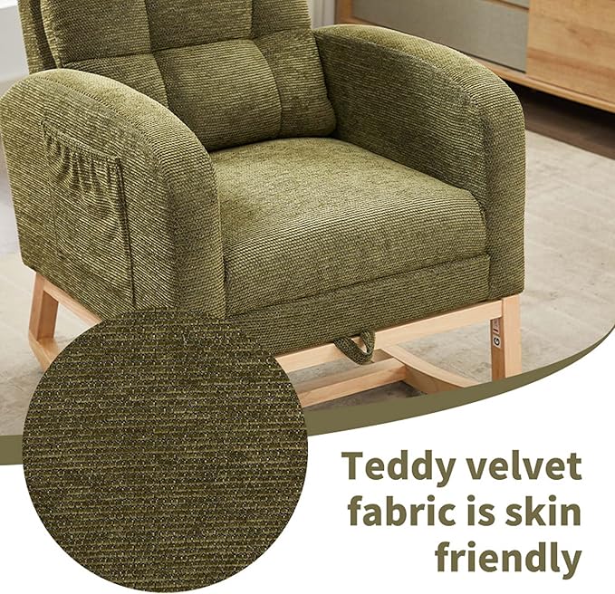 40" Fabric Nursing Rocking Chair, Nursery Chairs with Adjustable Foot Rest, High Backrest Upholstered Arm Chair with Side Pockets, Wood Rocking Chair for Living Room, Bedroom, Baby Room (Cyan 1)