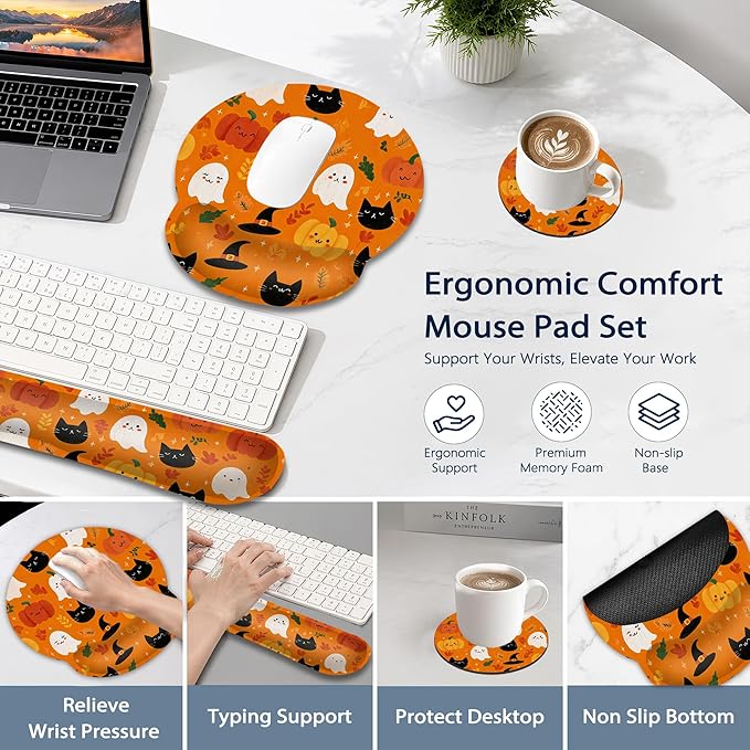 Halloween Wrist Rest Support for Mouse Pad Keyboard Set, Ghosts Pumpkins Black Cats Mouse Pad with Non Slip Rubber Base for Home and Office Typing Support