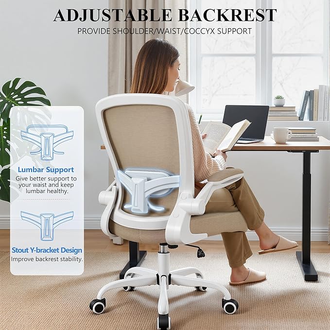 FelixKing Office Chair, Ergonomic Desk Chair Breathable Mesh Chairs Adjustable High Back Lumbar Support Flip-up Armrests, Executive Rolling Swivel Comfy Computer Chairs Home Office Khaki