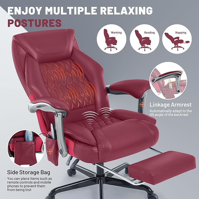 Massage Office Chair with Heat & Foot Rest, 6 Points Vibration, Ergonomic Executive Reclining Desk Chair, PU Leather Padded Seat for Home Office Comfort