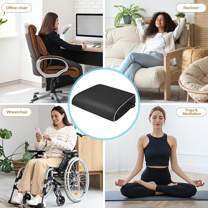 Seat Cushion for Tailbone Pain Relief, Office Chair Cushion, Memory Foam Large Chair Cushion with Non-Slip Cover for Soft Support at Office Chair, Car Seat, Airplane 3.3"-Black