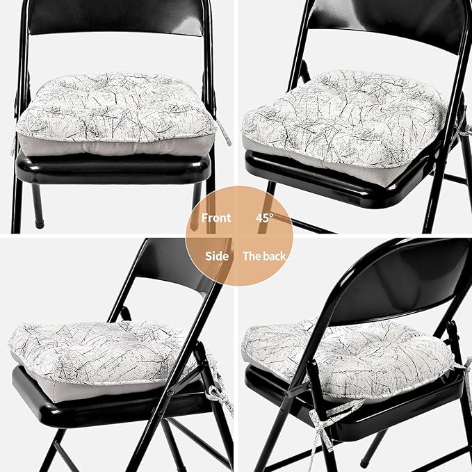 Marble Pattern 3" Chair Cushion for Dining Chair, Filling Bite-Size Memory Foam U-Shaped Seat Cushions for Kitchen Chairs, Non-Slip Indoor Chair Pad with Ties, 1 PCS, White