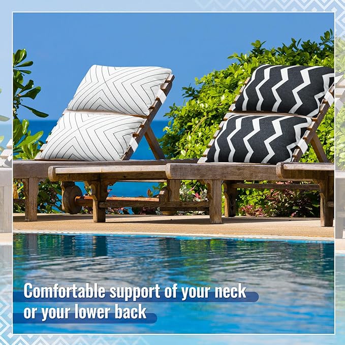 Juexica 2 Pack Chaise Lounge Pillow with Strap Outdoor Waterproof Beach Chair Neck Headrest Pillow Adjustable Elastic Band for Hammock Lumbar Recliner Pillows for Patio Pool Chair(Classic Black White)