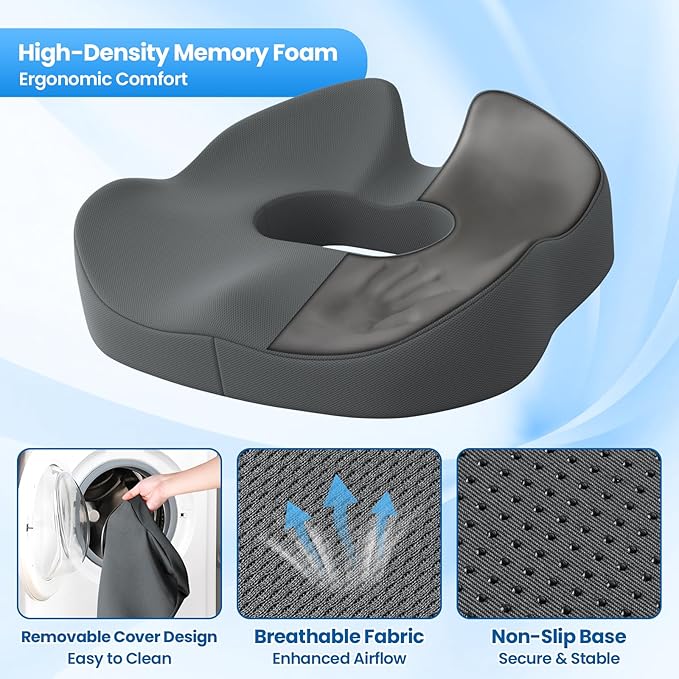 SweetSlubr Large Donut Pillow Seat Cushion for Hemorrhoid Discomfort&Tailbone Pressure, Office Chair Cushion for Long Sitting, Ergonomic Coccyx Pillow for Postpartum Pregnancy, Lifting Cushions, Grey