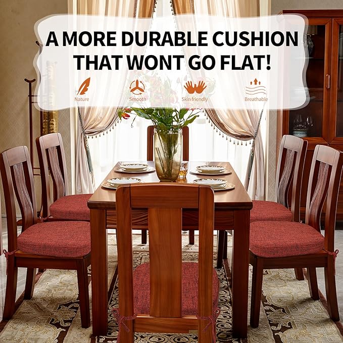 SINOSSO Thickened 2.5" Dining Chair Cushions, Soft Blended High Density Support Foam Kitchen Seat Cushions with Ties, U-Shaped Non-Slip Indoor Chair Pads, 16.5" x 16", 4 PCS, Red