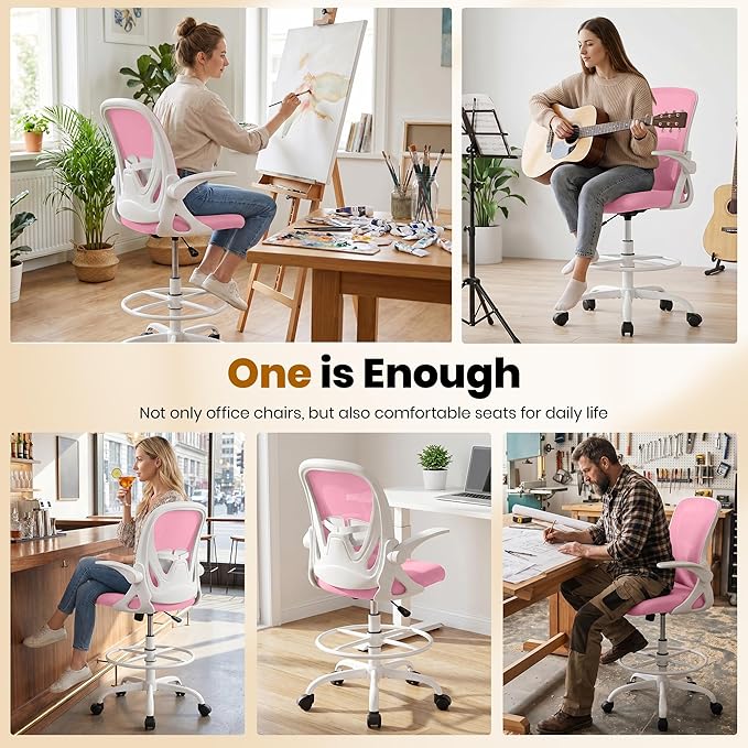 Primy Drafting Chair Tall Office Chair with Flip-up Armrests Executive Ergonomic Computer Standing Desk Chair with Lumbar Support and Adjustable Footrest Ring (Pink)