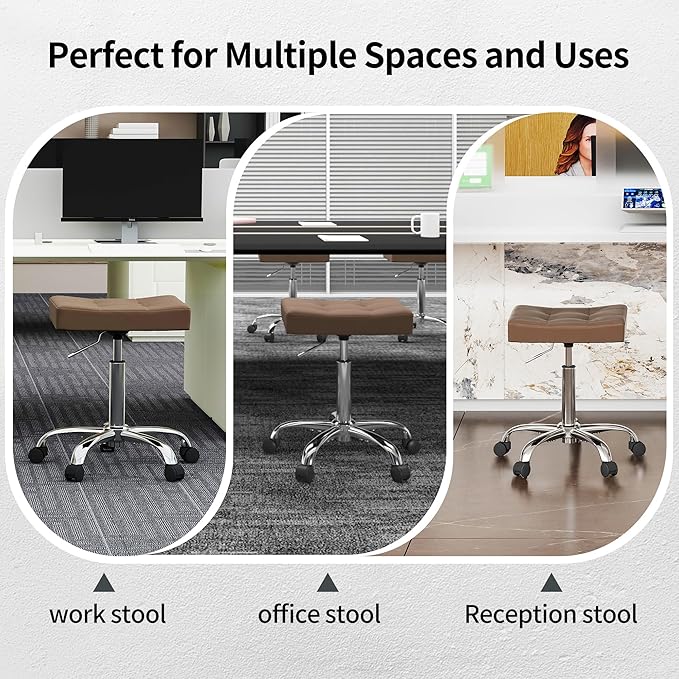 FIRAVOE Ergonomic Desk Stool with Wheels (Adjustable Height 17"-21") (300lbs Capacity) Faux Leather Office Stool (Coffee Brown)