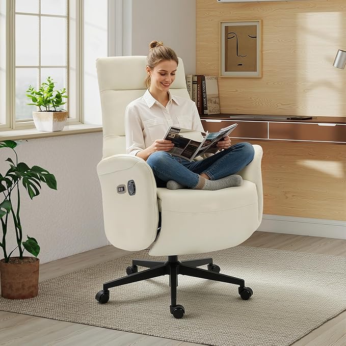 ECOTOUGE Ergonomic PU Leather Recliner Chair with Footrest, Electric Executive Office Chair for Home Office, Adjustable Seat Height and Backrest, 330 lbs Capacity, Beige