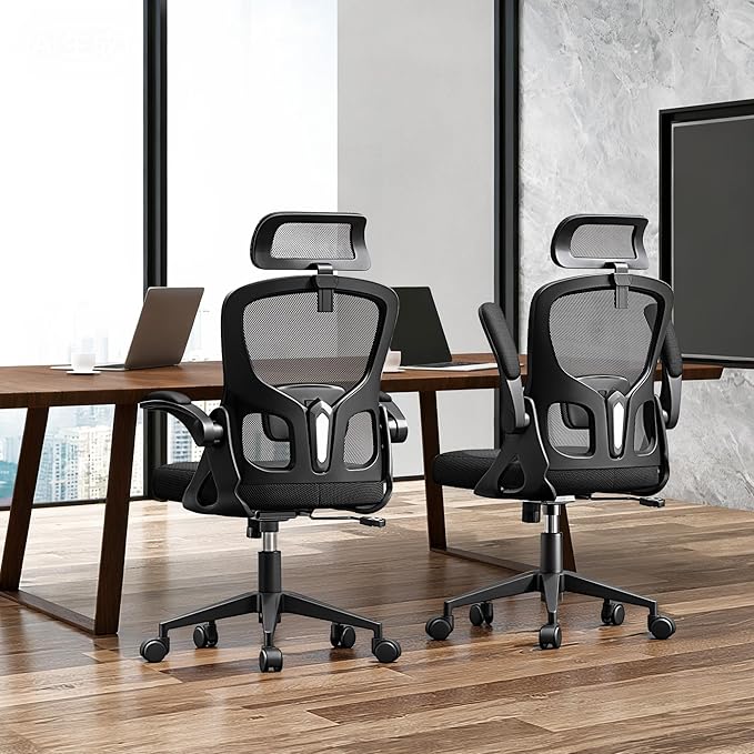 Ergonomic Office Chair, High Back Desk Chair with Flip-up Arms, 300 LBS Mesh Computer Chair with Adjustable Headrest & Lumbar Support, Comfy Gaming Chair for Adults, Home Office Desk Chairs (Black)
