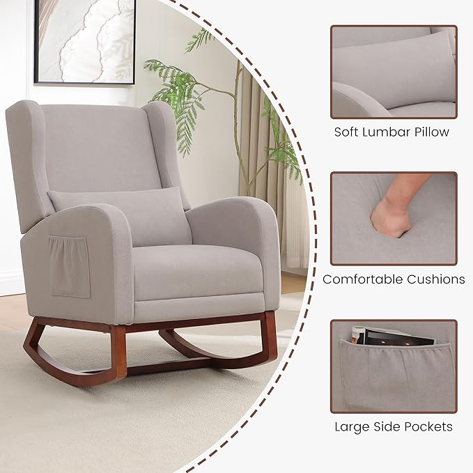 Nursery Rocking Chair，Rocking Chair with Foot Rest,Nursery Rocker Comfy Glider Nursing Chair with Back Pillow for Living Room,Bedroom,Linen Light Grey