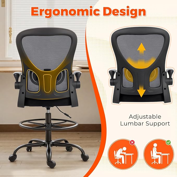 ECOTOUGE Tall Office Chair, Breathable Mesh Drafting Chair with Flip-up Armrests, Ergonomic Computer Standing Desk Chair with Adjustable Footrest Ring and Lumbar Support, Black