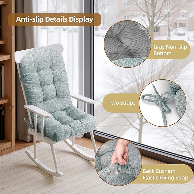 Rocking Chair Cushion - Lola Cotton-Linen Fabric, High-Density Sponge, Durable Comfort Non-Slip Bottom Tufted Seat Pads with Ties, Lola︱Grey-Blue, 44x19x4 inch