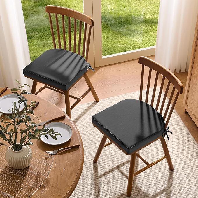 downluxe Chair Cushions for Dining Chairs, Memory Foam Linen Kitchen Chair Pads with Ties, Waterproof, Stain-Resistant and Washable Cover, 17" x 16" x 2.5", Dark Grey, 2 Pack