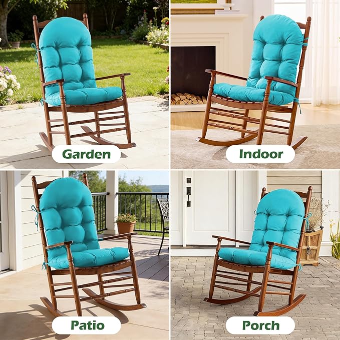 Rocking Chair Cushions, Indoor/Outdoor Adirondack Chair Cushion, Waterproof and Fade-Resistant Rocking Chairs Pads, Non-Slip Tufted High Back Patio Chairs Cushions with Ties, 44x19x4 Inch, Teal