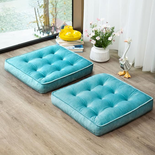 1 MIDDLE ONE Floor Pillow Set of 2, Memory Foam Meditation Cushion, Floor Cushions for Adults Sitting, Large Square Seat Cushions for Yoga, Couch, Sofa, Kids, Living Room, 20x20 Inch (Blue)