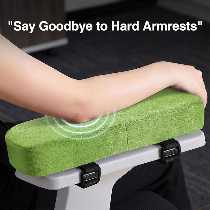 Smiry Ergonomic Office Chair Armrest Pads, Memory Foam Arm Rest Covers, Non-Slip Armrest Cushion with Adjustable Buckles and Straps, Elbow Relief for Desk, Gaming & Wheelchair (Green, Set of 2)