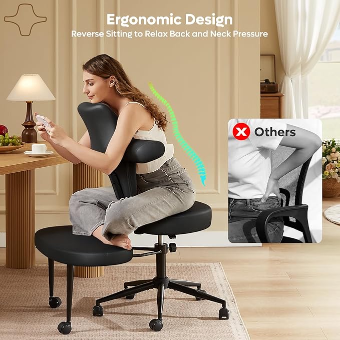 Pinmoco Ergonomic Cross Legged Office Chair Extra Wide for ADHD and Meditation, Kneeling Chair with 360° Swivel Wheels and Reversible Seating, Adjustable Height and Seat Deapth, PU Leather, Black